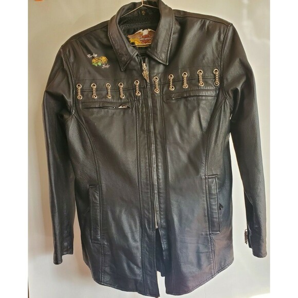 Vintage Women's Harley Davidson Leather Jacket X-Large Black Chains Soft Zip Up